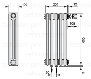 Схема (чертеж) Радиатор Zehnder Charleston 3100/5 №V008 Белый глянцевый RAL 9016